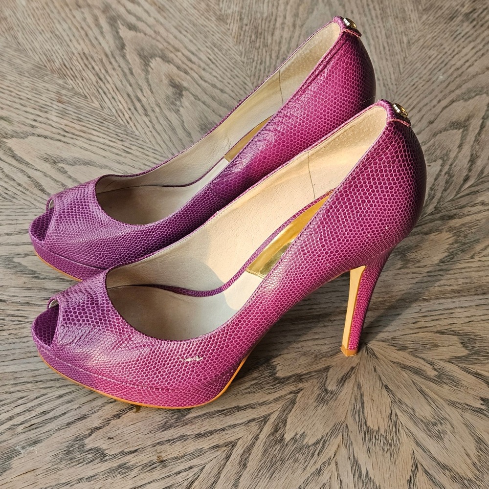 Michael Kors Peep Toe Platform Pumps Womens 8M Purple Lizard‎ Embossed Heels